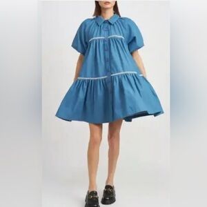 En Saison Tara Puff-Sleeve Babydoll denim Shirtdress small Button-Up Women Dress
